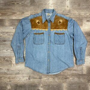 Vintage SAP Man Denim and Suede Button Up Long Sleeve Mens Shirt-Sz Large